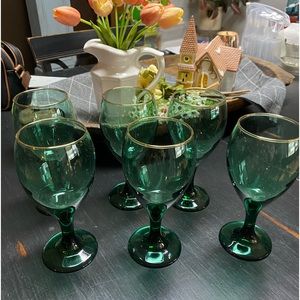 💚 LIBBEY JUNIPER GREEN Gold Trim Water Goblet/Wine Glass Teardrop Set of 6.